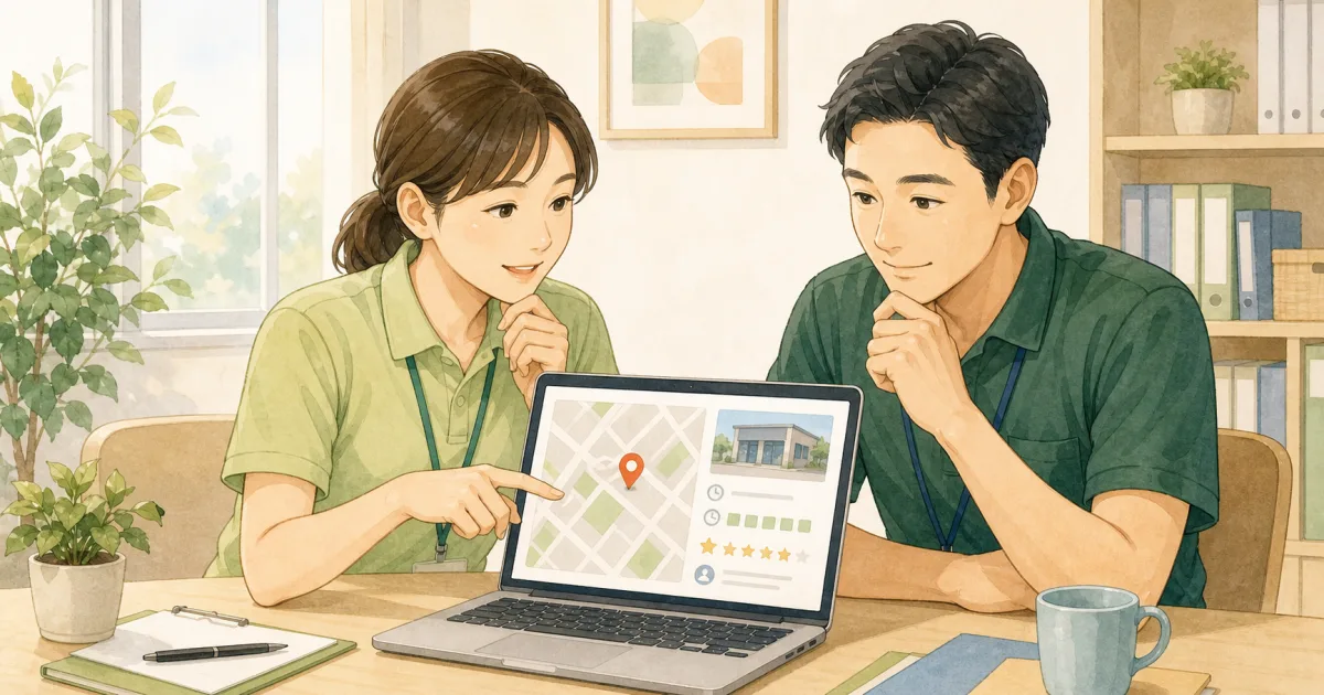 放課後等デイサービスの職員がGoogleビジネスプロフィールの地図情報を確認する様子