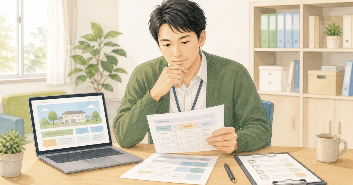 放課後等デイサービスの管理者がホームページ制作の見積もりと問い合わせ導線を確認する様子