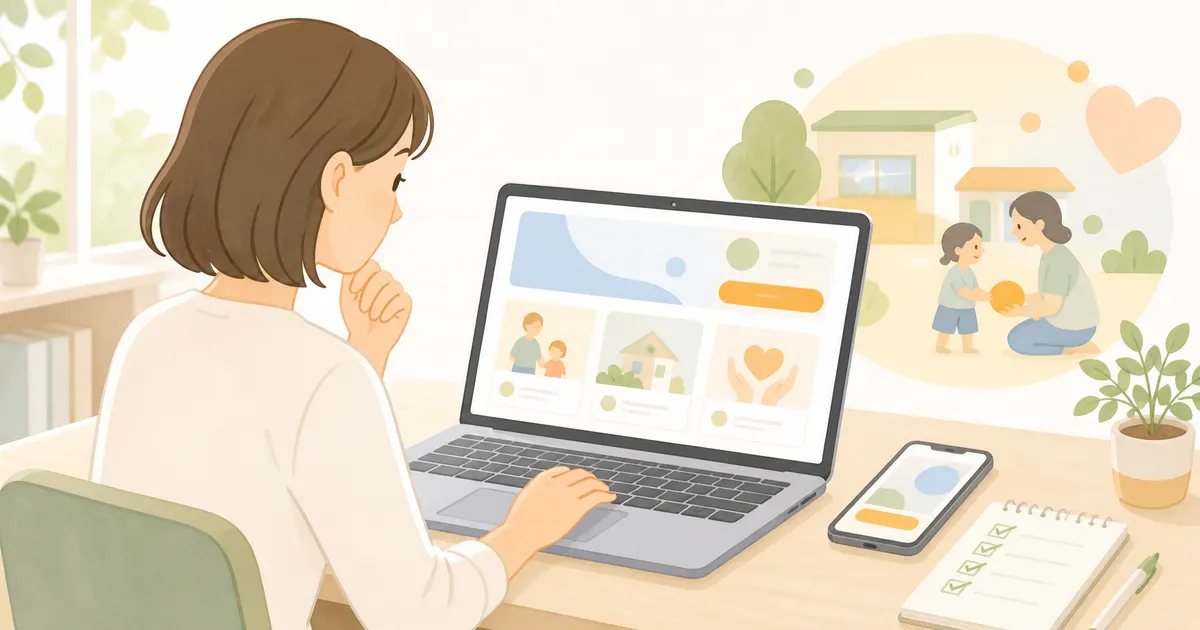 放課後等デイサービスの職員がパソコンとスマートフォンで問い合わせ導線を確認する様子