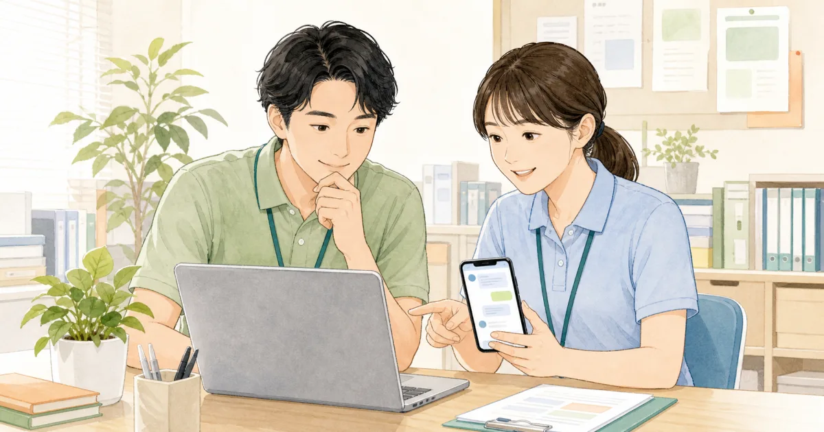 放課後等デイサービスの職員がLINE公式アカウントの問い合わせ画面を確認する様子
