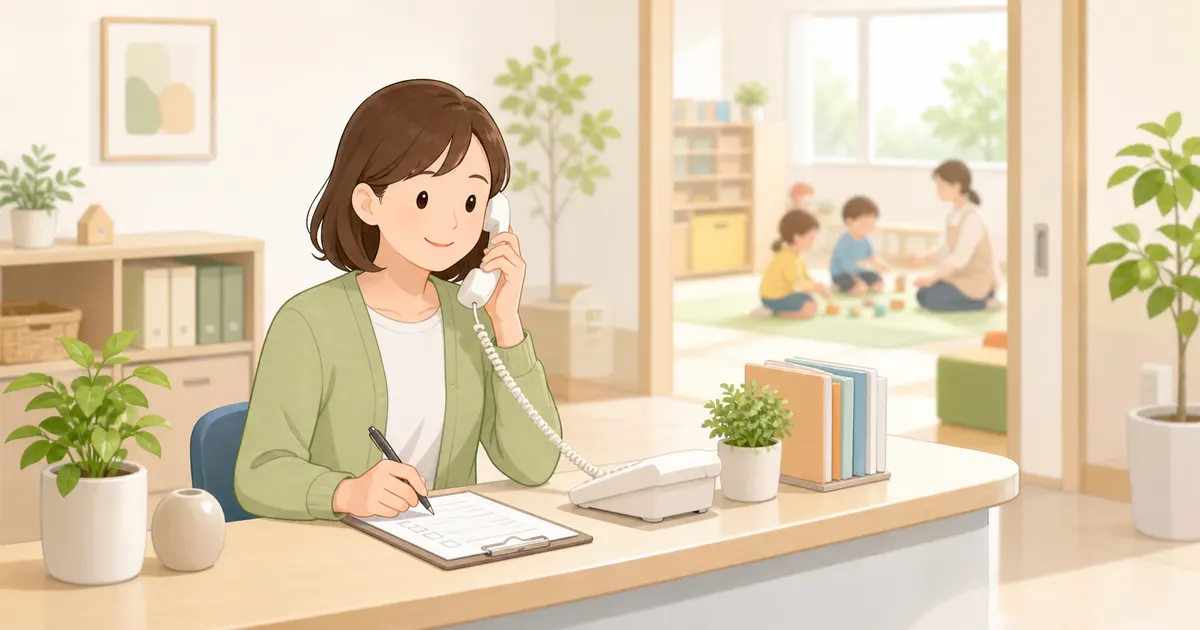 放課後等デイサービスの職員が初回問い合わせの電話を受けながら記録する様子